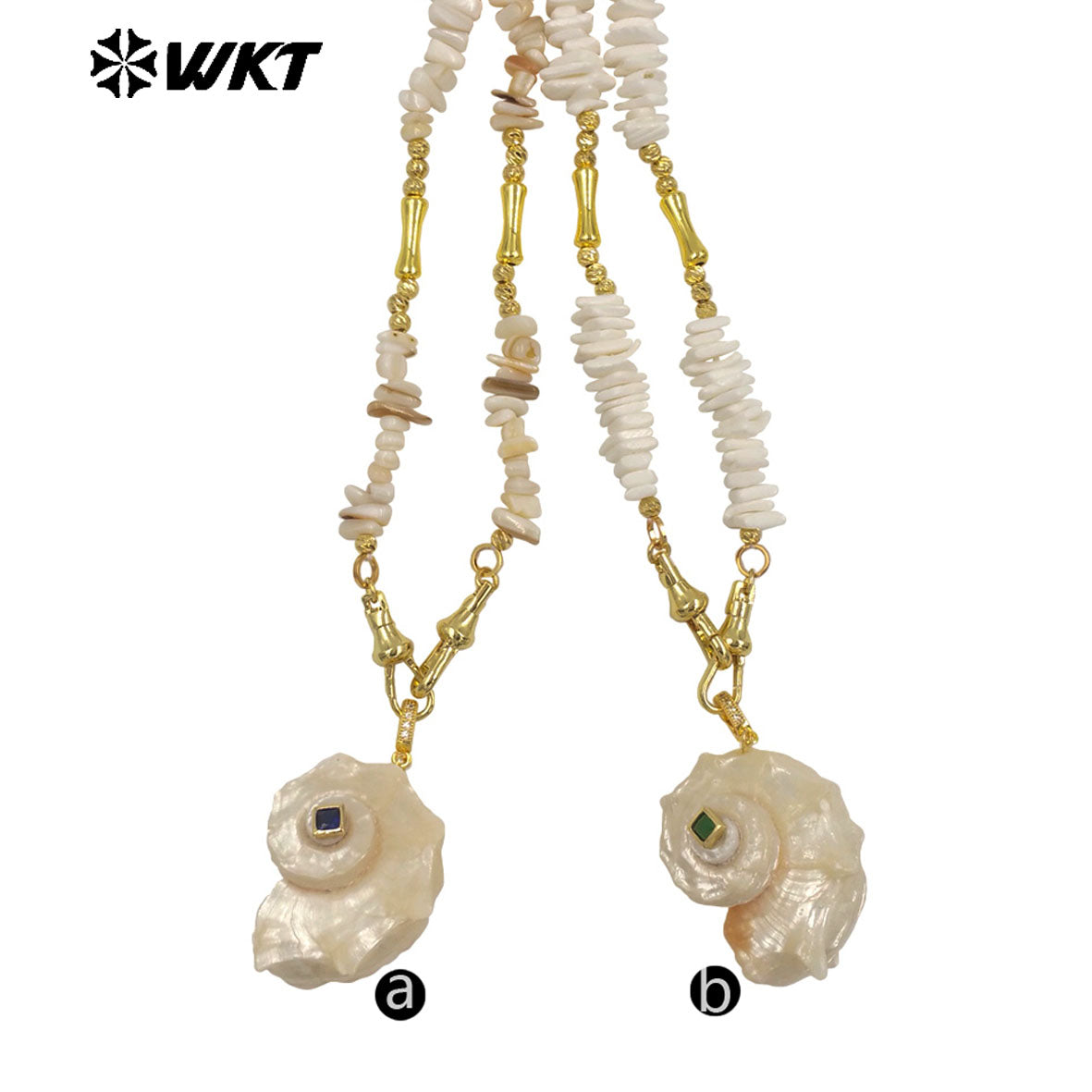 WT-JN378 Amazing Crushed Stone Splicing Brass Chain With Natural Trumpet Shell Pendant Necklace For Lady Vacation Style Jewelry