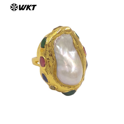 WT-MPR145 Amazing Luxury Gold Plated Random Shape Baroque Pearl With Natural Jade Rings Ladies Resist Tarnishable Jewelry Gift