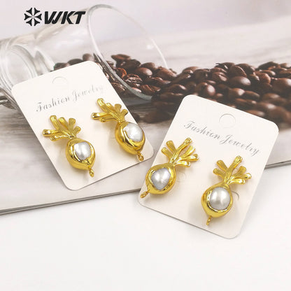 WT-JFE111 Amazing Elegant 18K Gold Plated Freshwater Pearl Earring Studs With Hoop Jewelry DIY Findings for Lady