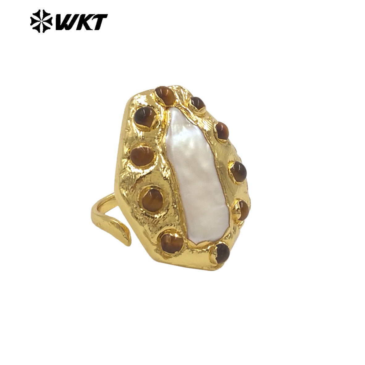 WT-MPR132 Wholesale Punk Style Ring 18K Gold Plated With Natural Stone and Pearl Handmade Daily Ring