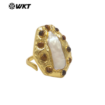 WT-MPR132 Wholesale Punk Style Ring 18K Gold Plated With Natural Stone and Pearl Handmade Daily Ring