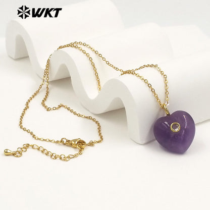 WT-N1531 Romantic Sweet Style Natural Gemstones Heart Shape Gold Charms Necklaces For Dance Party Matching Accessories