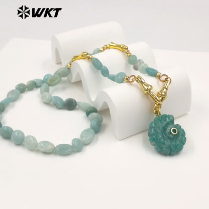 WT-N1520 Boutique Stone Beads Splicing Brass Chain With Natural Gemstones Carved Trumpet Pendant Necklaces For Friend Gift