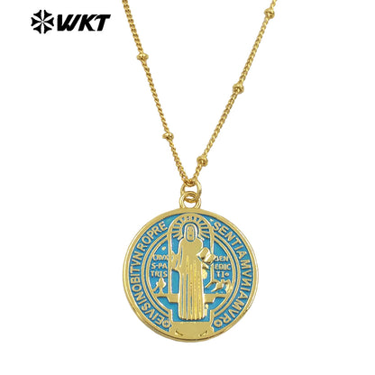 WT-MN992 Wholesale Fashion Gold Plated Round St Benedict Medal Religious Necklace in Drop Oil Craft