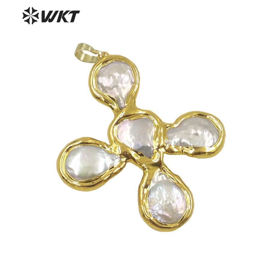 WT-JP273 Wholesale Fashion Gold Electroplated Natural Freshwater Pearl Pendant Women Irregular Pearl Cross Shape Pendants