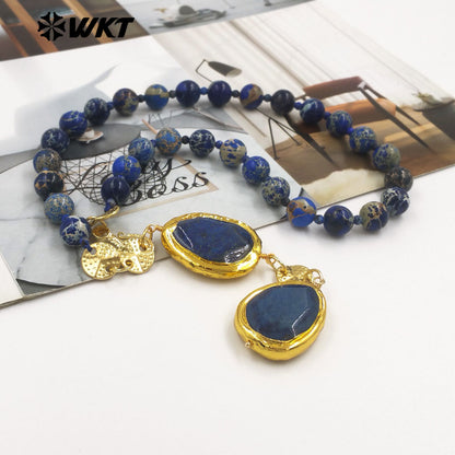 WT-N1505 Popular Boutique Natural Ocean Jasper Stone Beads With Gold Plated Lapis Pendant Necklace As Women Anniversary Gift