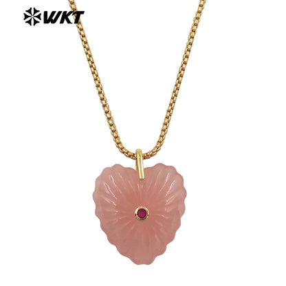 WT-N1524 Romantic Design Gold Chain And Various Natural Gemstones Carved Heart Shape Pendant Necklaces As Valentines’s Day Gift