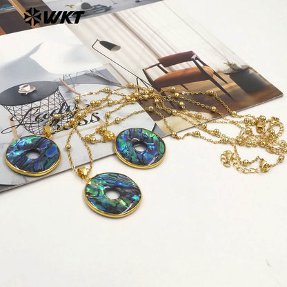 WT-JN313 High Quality Round Natural Abalone Shell Round Coin Necklace With Gold Plated Single Hole Resist Tarnishable