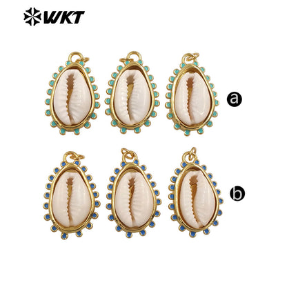 WT-JP452 Wholesale Gold Electroplated Setting In Natural Little Stone And Cowrie Shell Pendants For Women Earrings Making