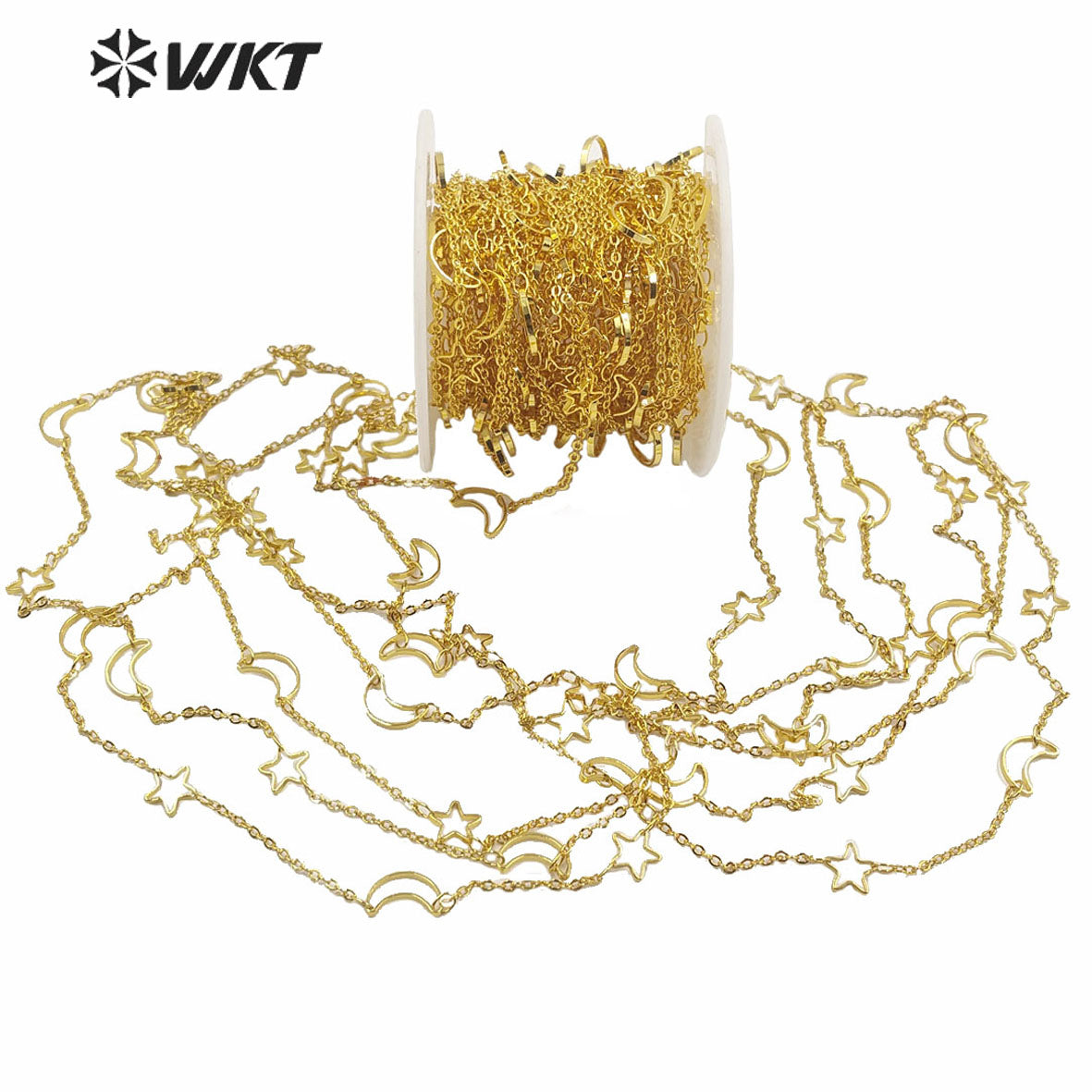 WT-BC140 HOT Women Jewelry Moon and Star Chain for Necklace Gold Plated Sell by Meter Brass Star Chain for DIY CHAIN