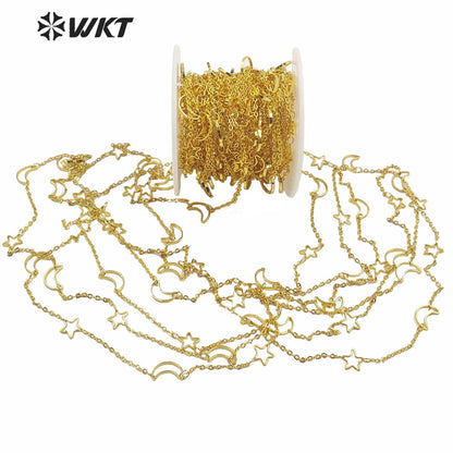 WT-BC140 HOT Women Jewelry Moon and Star Chain for Necklace Gold Plated Sell by Meter Brass Star Chain for DIY CHAIN