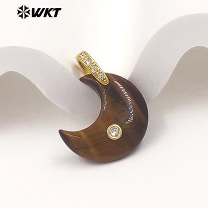 WT-P2112 Factory Wholesale Various Natural Gemstones And Zircon Moon Shape Gold Pendants As Lady Sweet Earrings Findings