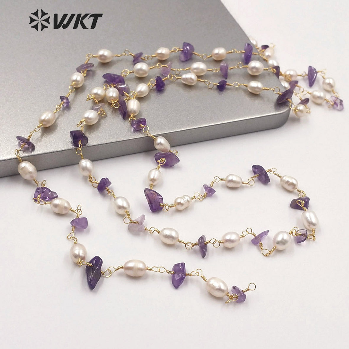 WT-RBC165 High Quality Natural Stone Make Chain Women Jewelry Findings Chain for Necklace Design Gold Rosary Beads Chain