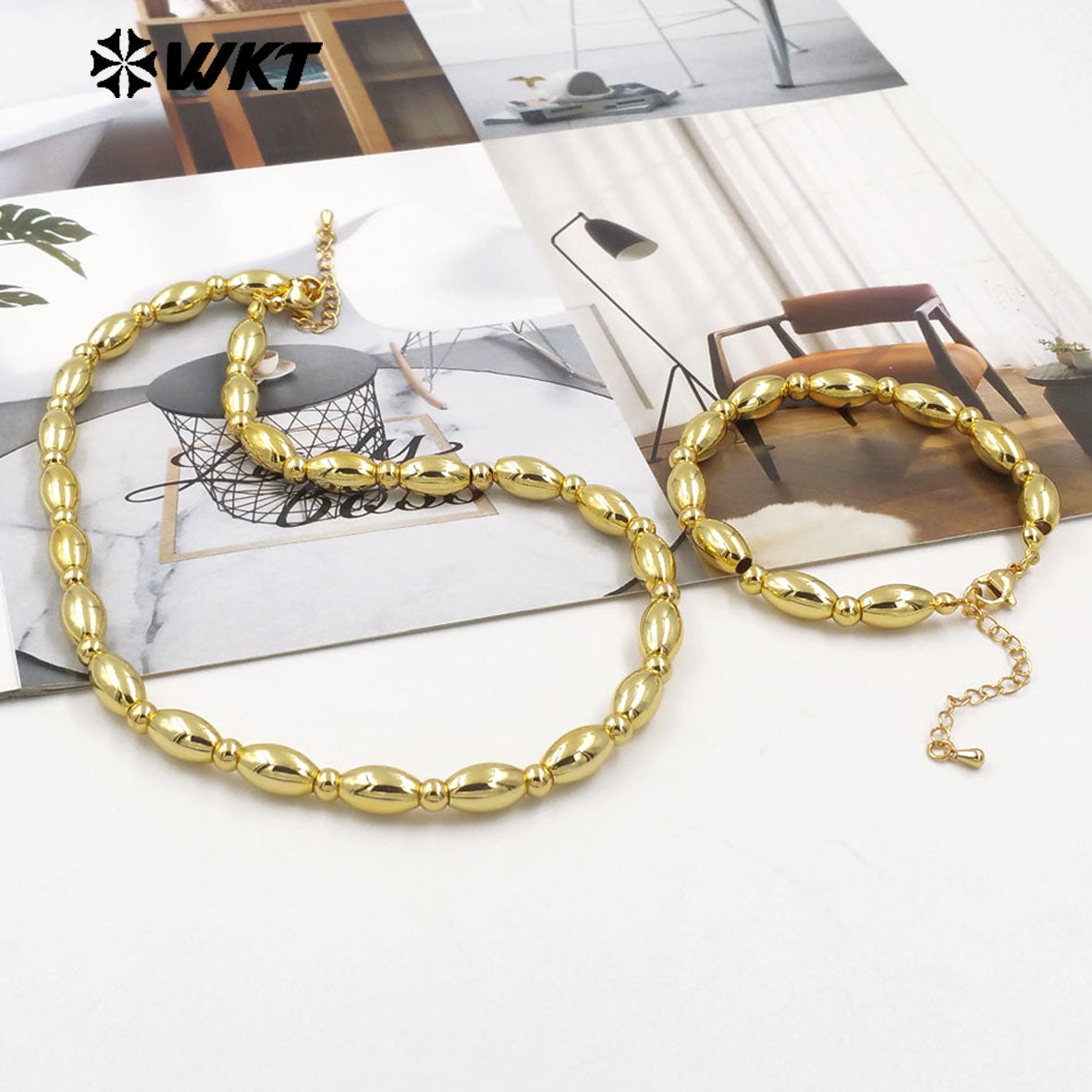WT-JFN09 Delicate Simple Hot 16inch Long Bullet Beads 18K Real Gold Plated Resist Tarnishable Space Ball Necklace