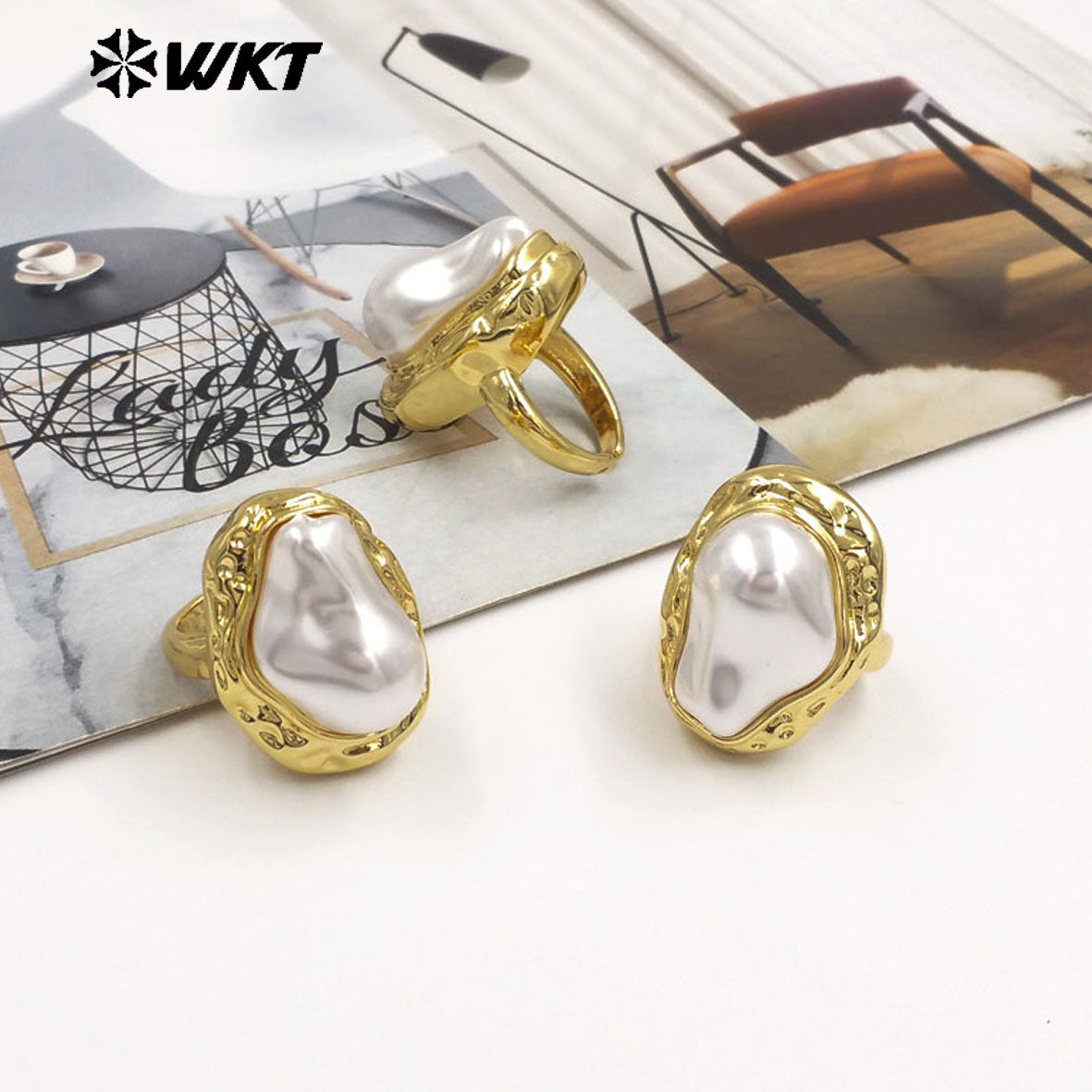 WT-MPR155 Fashion Luxury Gold Electroplated Irregular Artificial Pearl Adjustable Women Ring For Daily Wearing Jewelry