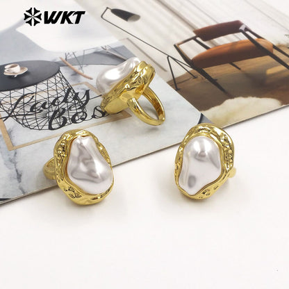 WT-MPR155 Fashion Luxury Gold Electroplated Irregular Artificial Pearl Adjustable Women Ring For Daily Wearing Jewelry