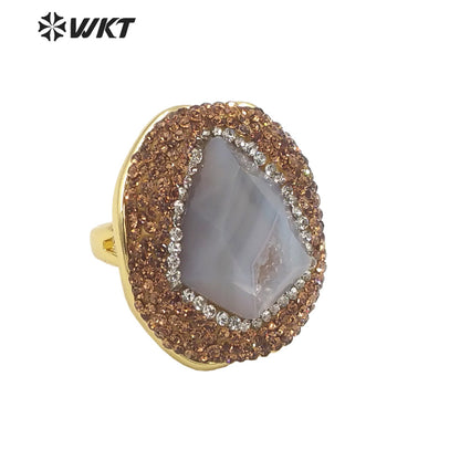 WT-R497 New Popular Gorgeous 18K Real Gold Plated Natural Grey Druzy Geode Agate Arrow Shape With Rhinestone Set Jewelry Ring