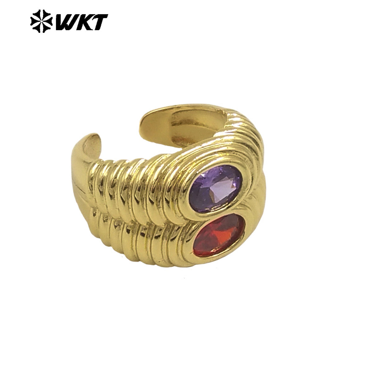 WT-MR039 Popular Fashion 18K Gold Plated Double Cubic Zircon Wide Band Cocktail Ring for Women