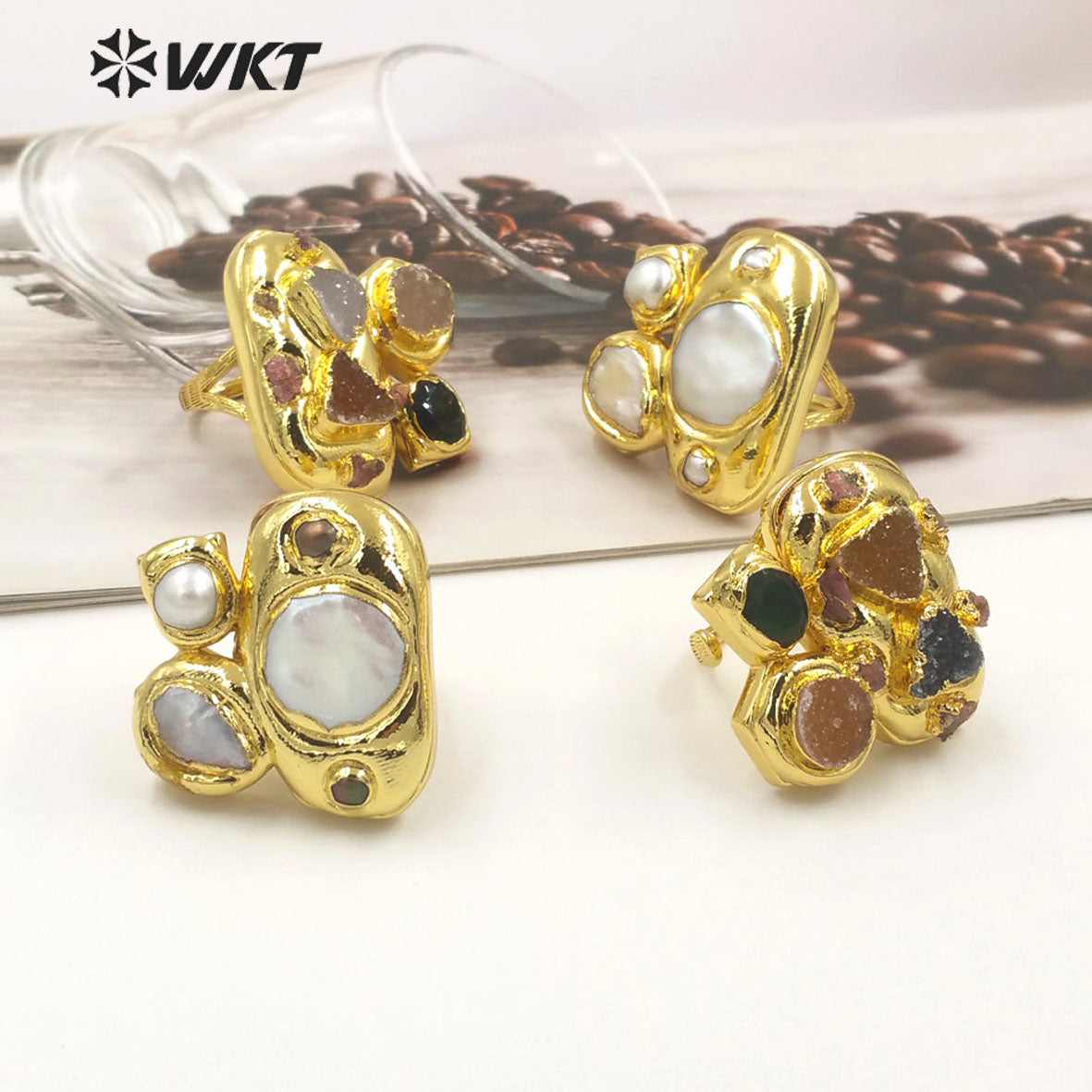 WT-R503 Gorgeous Amazing 18K Gold Plated Resist Tarishable Multi Druzy Agate Stones Big Cocktail Party Ring in Adjustable