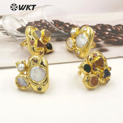 WT-R503 Gorgeous Amazing 18K Gold Plated Resist Tarishable Multi Druzy Agate Stones Big Cocktail Party Ring in Adjustable