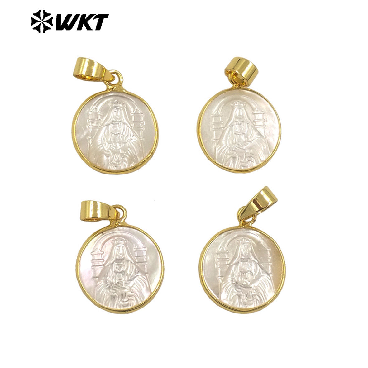 WT-JP376 WKT New Developed Natural Pearl Shell Carved Christian Religious Necklace Pendant Gold Anniversary Gift