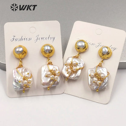 WT-MPE017 Natural Handmade Pearl Dangling Earring Wire Wrapped Pearl Beads Fashion Charming Jewelry Freshwater Pearl Earring