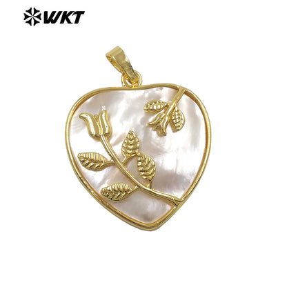 WT-JP516 Delicate White Shell And Gold Plated Leaves Heart Shape Pendant For Female Fashion Jewelry Decorative Findings