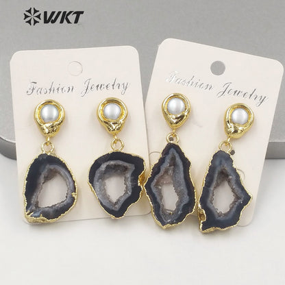 WT-E639 New Natural Black Geode Agate Earrings for Women Fashion Gold Electroplated Real Druzy Stone Dangle Earrings with Pearl