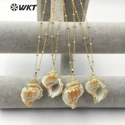 WT-JN072 Bohemian Style 18K Gold Plated Shell Jewelry 18 Inch Natural Sea Shell Pendant White and Brown Trumpet Necklace