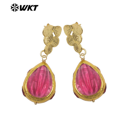 WT-E805 High Quality 18K Gold Plated Hand Carved Colorful Glaze Waterdrop Shape Earrings For Female Party Wearing Jewelry