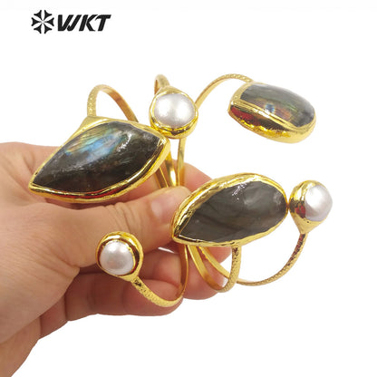 WT-B599 Fashion Classic Irregular Sparkling Stone Round Pearl Adjustable 18k Gold Plated Bangle Women Stone Bangle