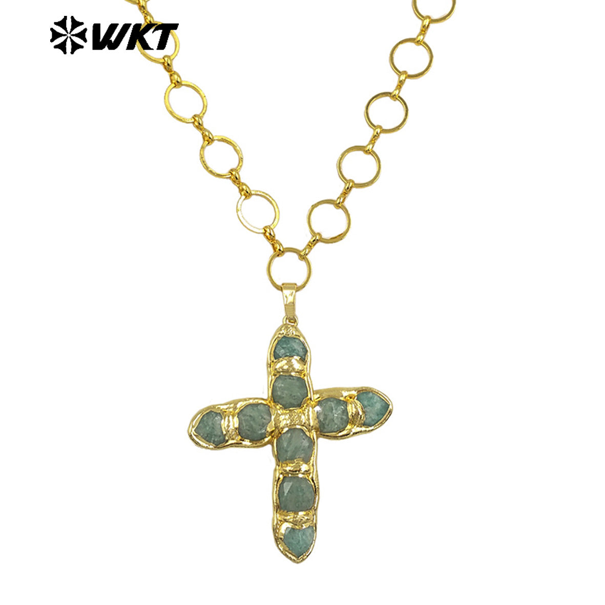 WT-N1491 Amazing High Quality Natural Gemstone Christian Necklace Cross Shape Gold Plated Circle Chain in Multi Colors
