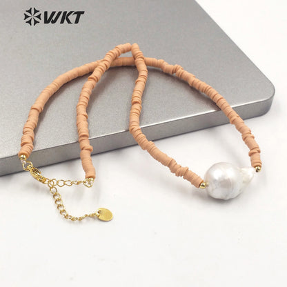 WT-JN192 New Nude Color Fashion Hand Strand Beads Necklace Elegant Freshwater Baroque Pearl Chocker Necklace in 16 Inch
