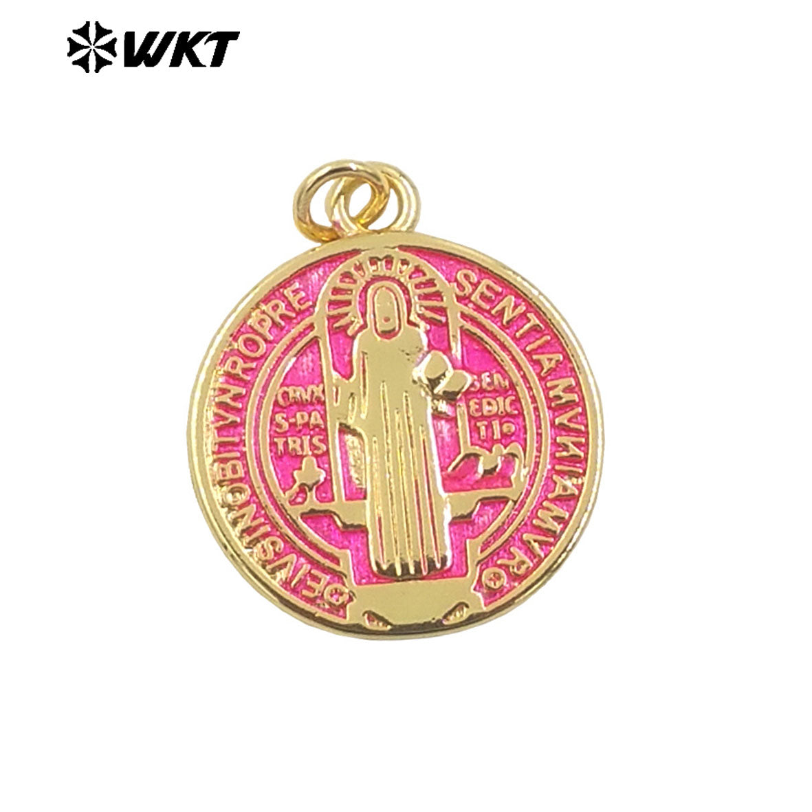 WT-MP294 Unique Spring Design Round 18K Real Gold Plated Brass Medal Christian Religious St Benedict Pendants
