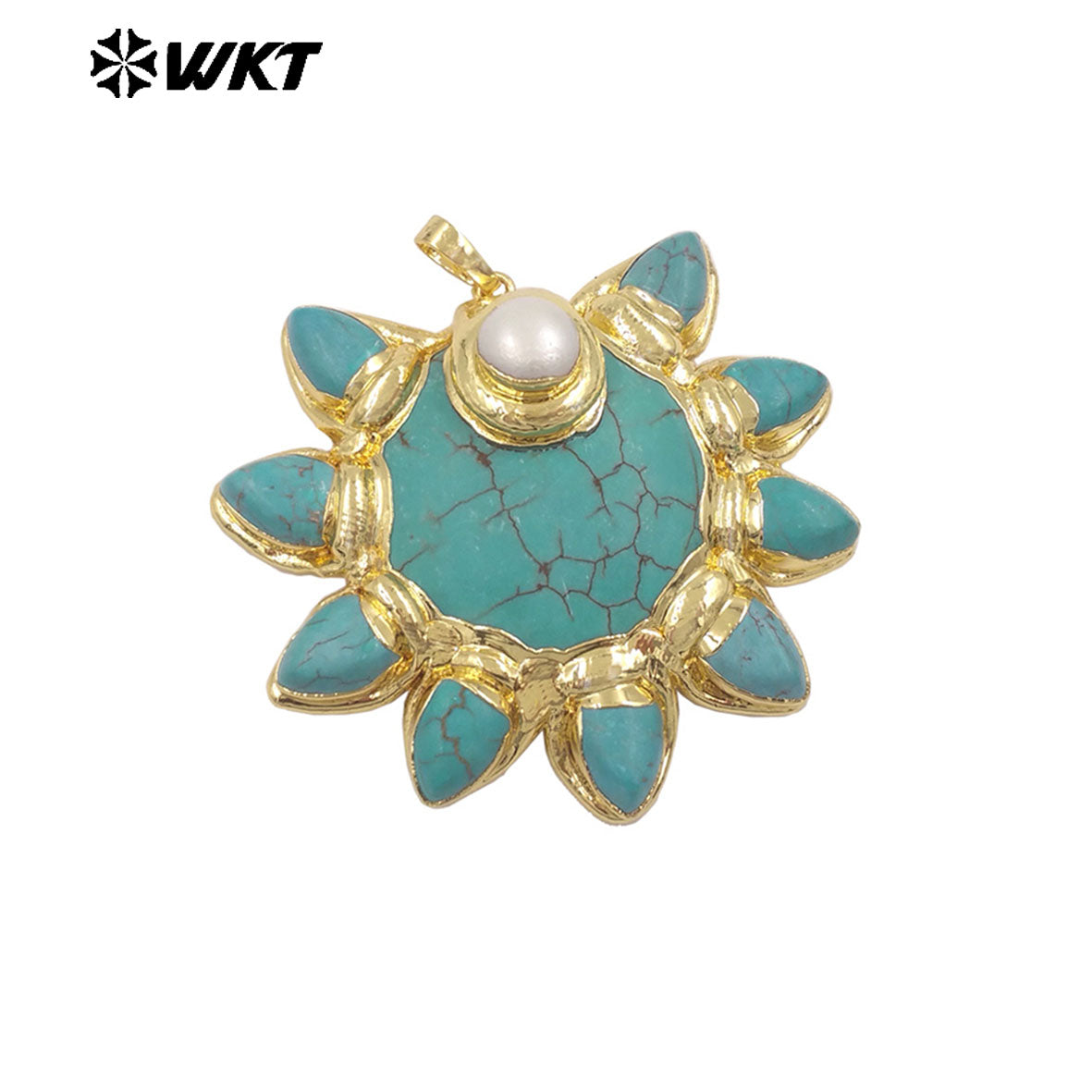 WT-P2032 Wholesale Unique 18K Gold Plated Natural Turquoise And Pearl Sun Shape Pendants For Necklace Making Accessory