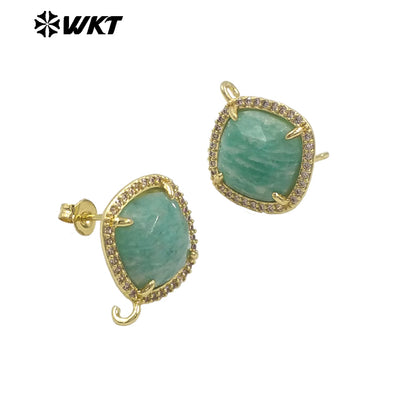 JFE120 Women Popular Fashion Gold Plated 10MM Square Natural Gemstone Amazonite Earring Studs With Hoop for DIY