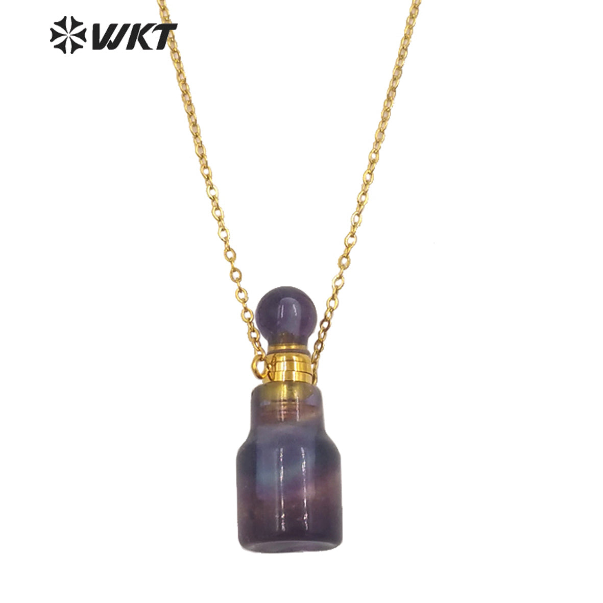 WT-N1455 Newest Fashion Gold Plated Natural Stone Made Rainbow Fluorite Perfume Bottle Necklace Girl Birthday Gift Jewelry