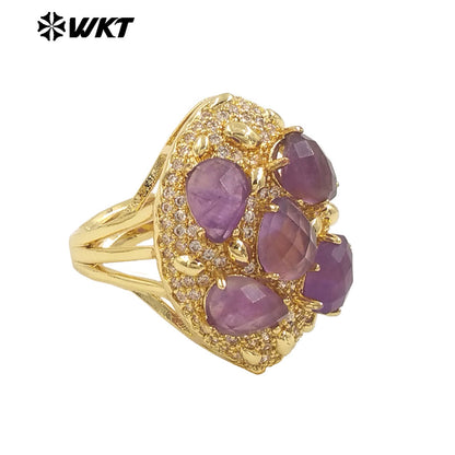 WT-R543 Wholesale Fashion Gold Plated Micropave Zircon Setting With Natural Faceted Gemstone Birthday Stone Ring for Women