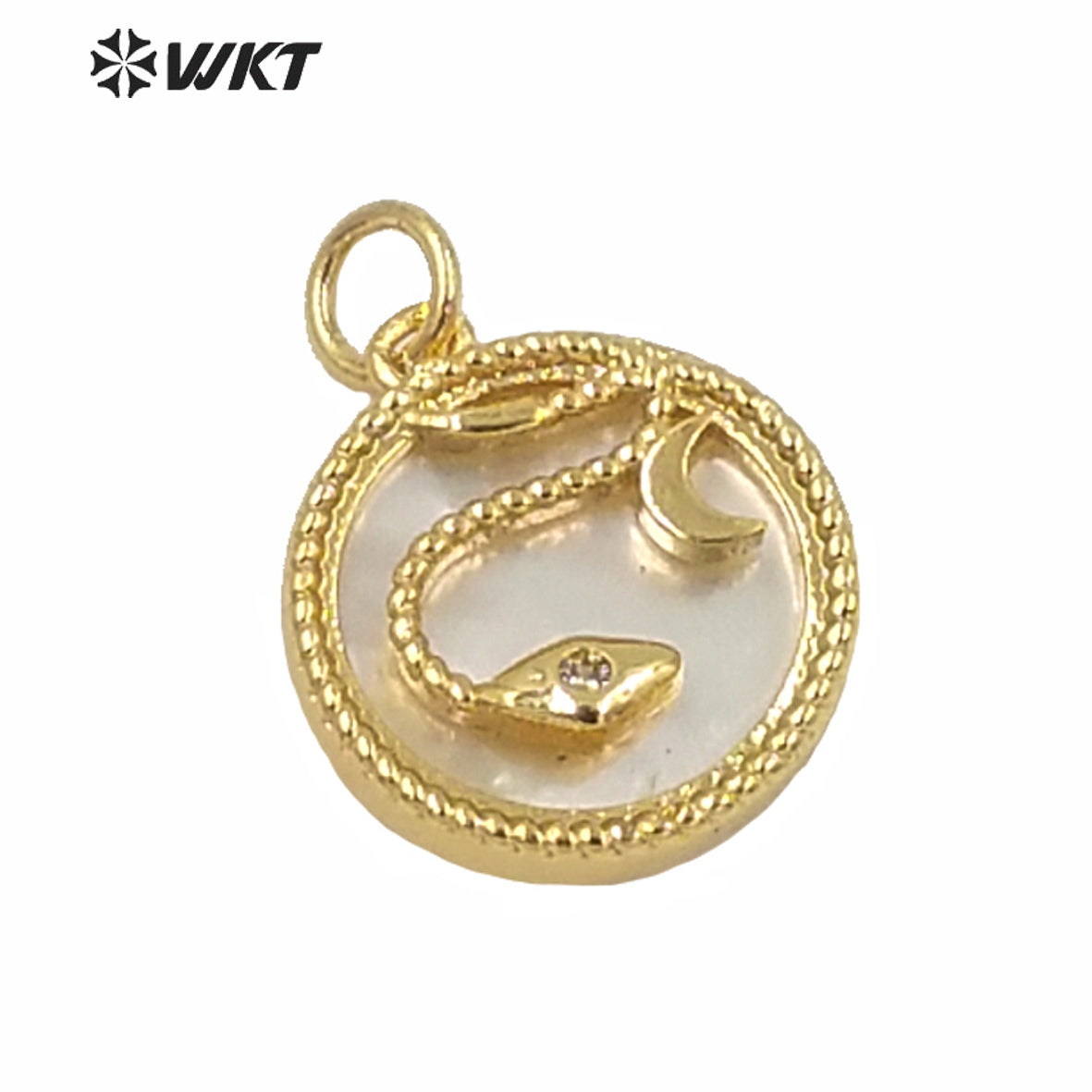 WT-MP178 WKT New White Mother of Pearl Gold Bezel Shell Pendant Lady Fashion Micro Pave Snake Cz Pendants in 15mm