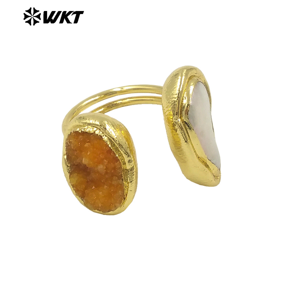 WT-MPR118 New Product Explosion Fashion 18K Gold Plated Pearl Druzy Quartz Double Stone Open Size Ring for Women As Special Gift