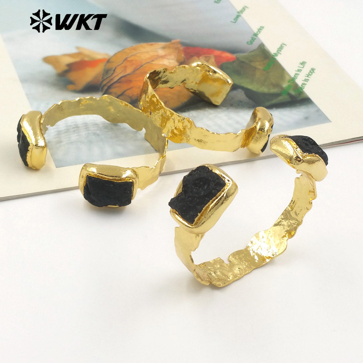 WT-B664 Wholesale Fashion Double Black Stone Adjustable Natural Meteorite 18K Real Gold Plated Jewelry Energy Bangle