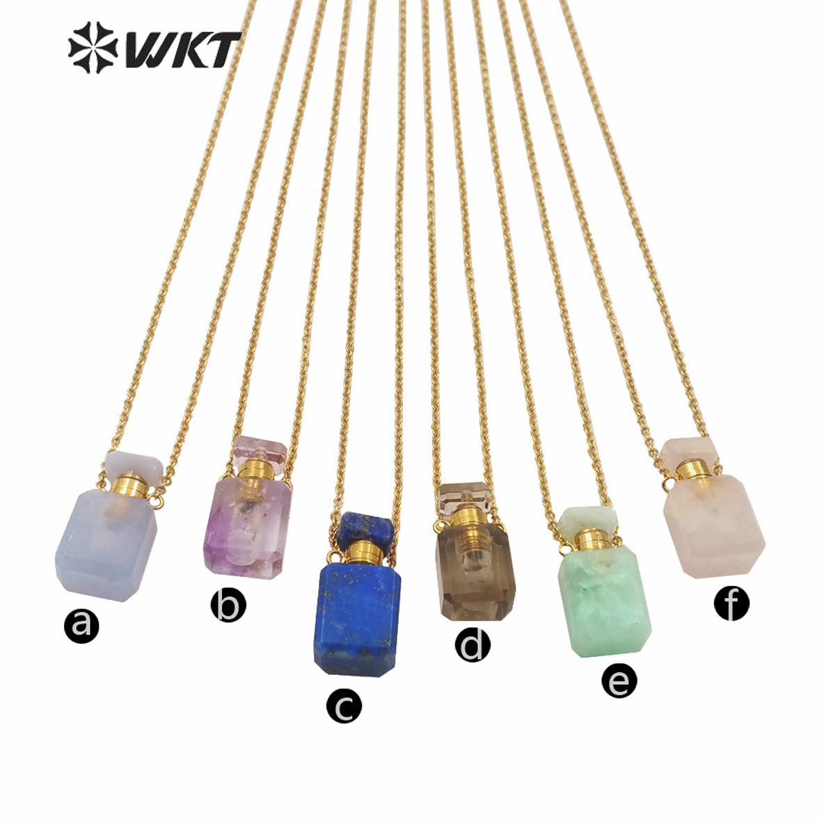 WT-N1239 Amazing Gold Electroplated Mini Cabochon Faceted Natural Stone Perfume Bottle Necklace Women Hot Essential Oil Necklace