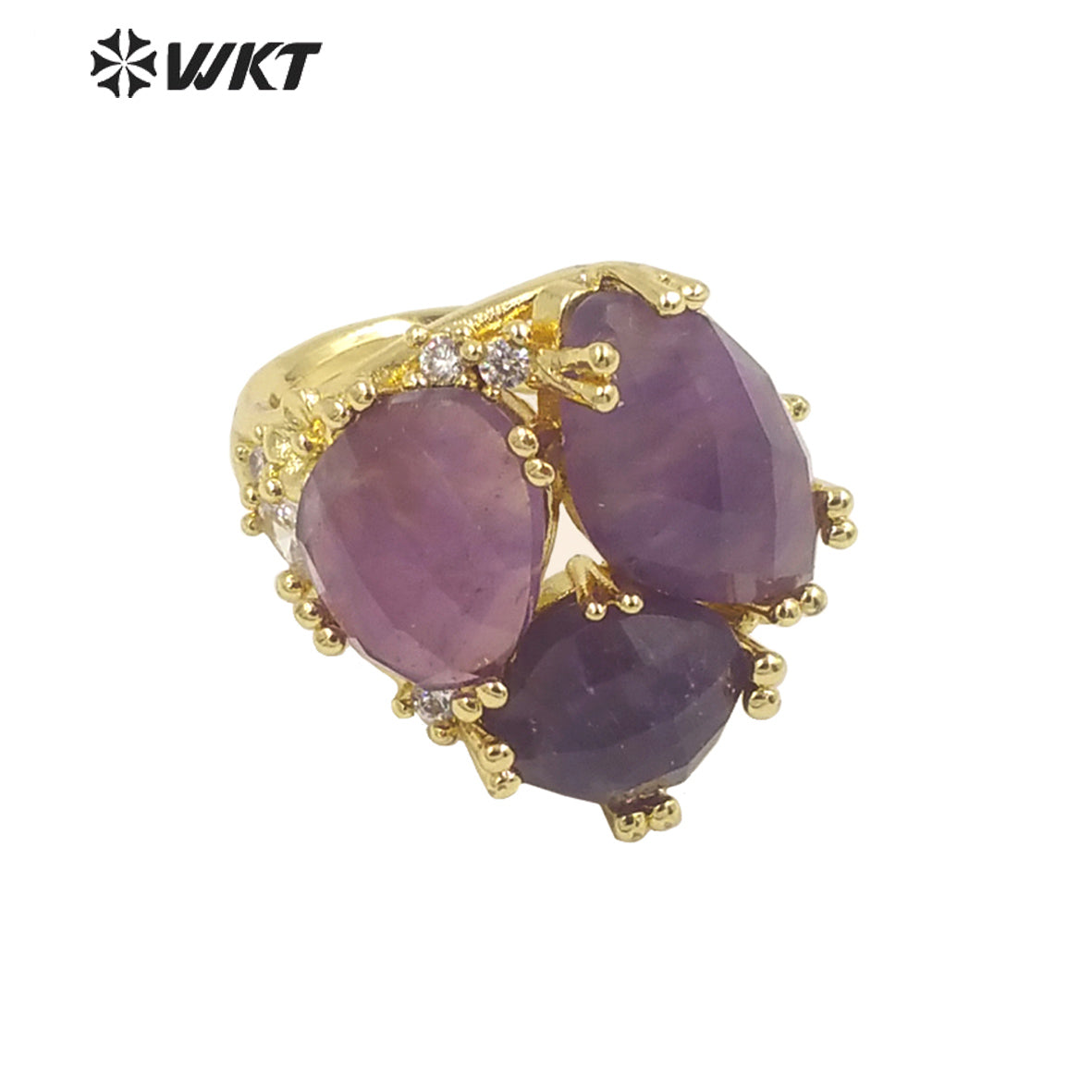WT-R448 WKT Hot Design Triple Stone Ring for Women Party 18k Real Gold Plated Amethyst Precious Gemstone Ring for Birthday