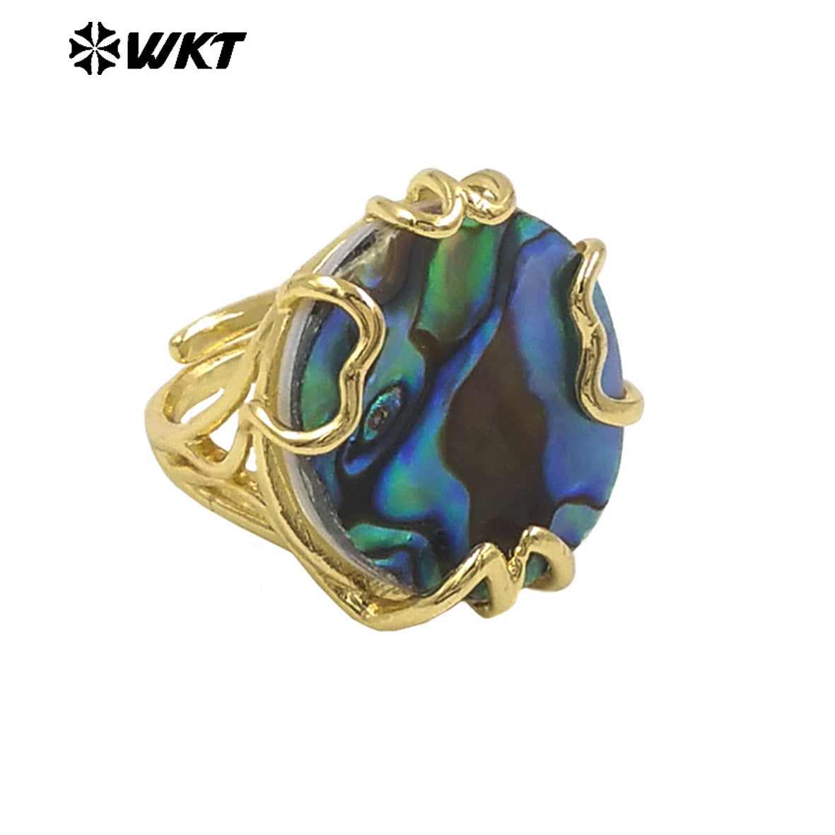 WT-MPR124 Women 18K Gold Plated Clawing Setting With Natural Round and Oval Abalone Shell Ring in Adjustable Size