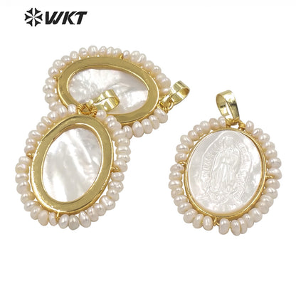 WT-JP255 Amazing White Shell Carved Vintage Marry Pendant Handmade Pearl Charm Wrapped Religions Mother of Jesus Pendants