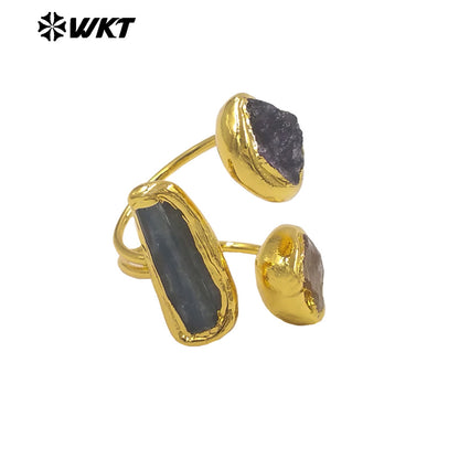 WT-R606 Vintage Style Gold Plated Three Natural Gemstones Triangle Women Adjustable Rings For Dance Party Matching Jewelry