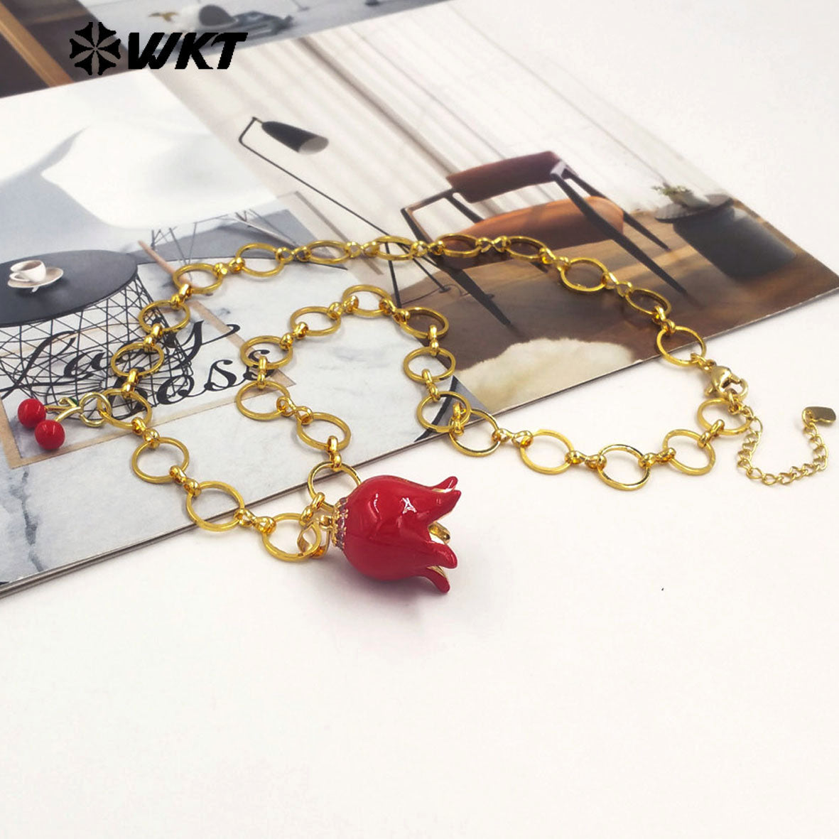 WT-JFN39 Fashion Romantic Style Women Necklace With Flower And Cherry Charms Round Gold Plated Chain High Quality Jewelry