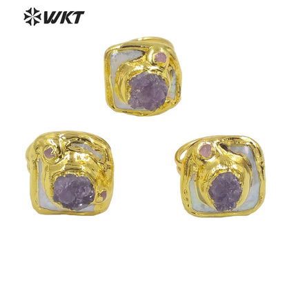 WT-MPR030 Sophisticated Design Ring Craft Pearl Ring Natural Stone Amethyst Shape 18k Gold Plated Women Stone Rings