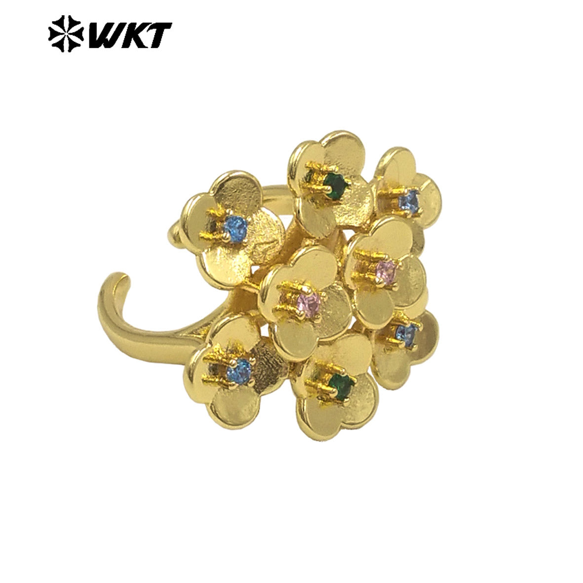 WT-MR038 WKT New Design Micro Pave Colorful Cubic Zircon Attractive Flower Ring for Friend Gift