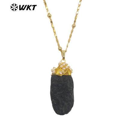 WT-N1426 Black Meteorite Necklace 20inch Long Boho Beads 18k Yellow Gold Beads Necklace Gemstone Casual Long Statement Necklace